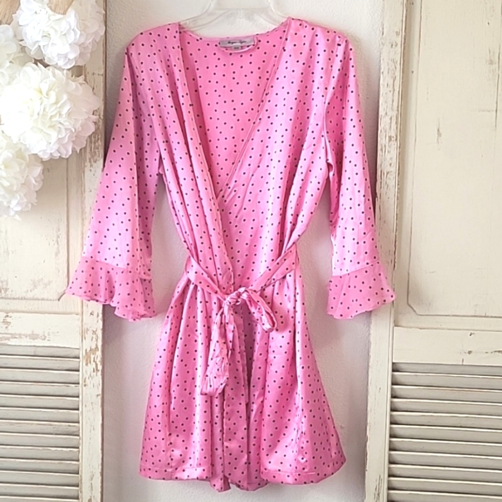 Morgan Taylor Intimates pink & black polka dot ruffle sleeves robe women's small